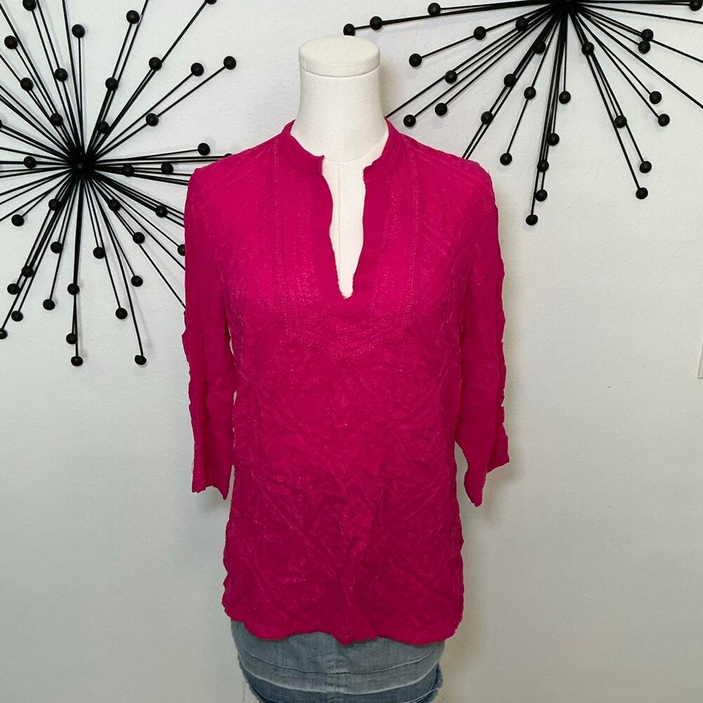 Chico’s Pink Embroidered Tunic Blouse Size 1 Boho Split Neck 3/4 Sleeve